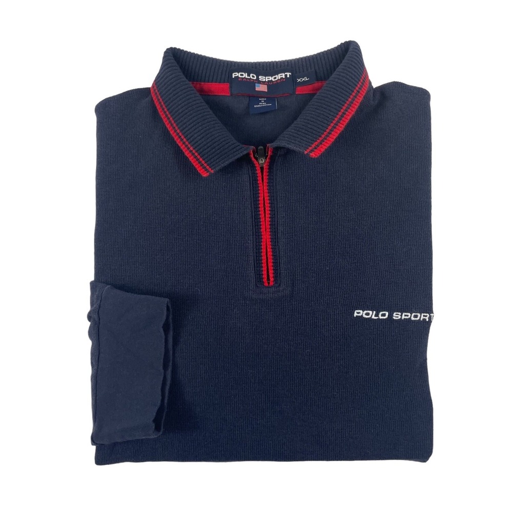 Polo Sport VTG Blue Cotton Half Zip Spellout Sweater Mens XXL 2XL